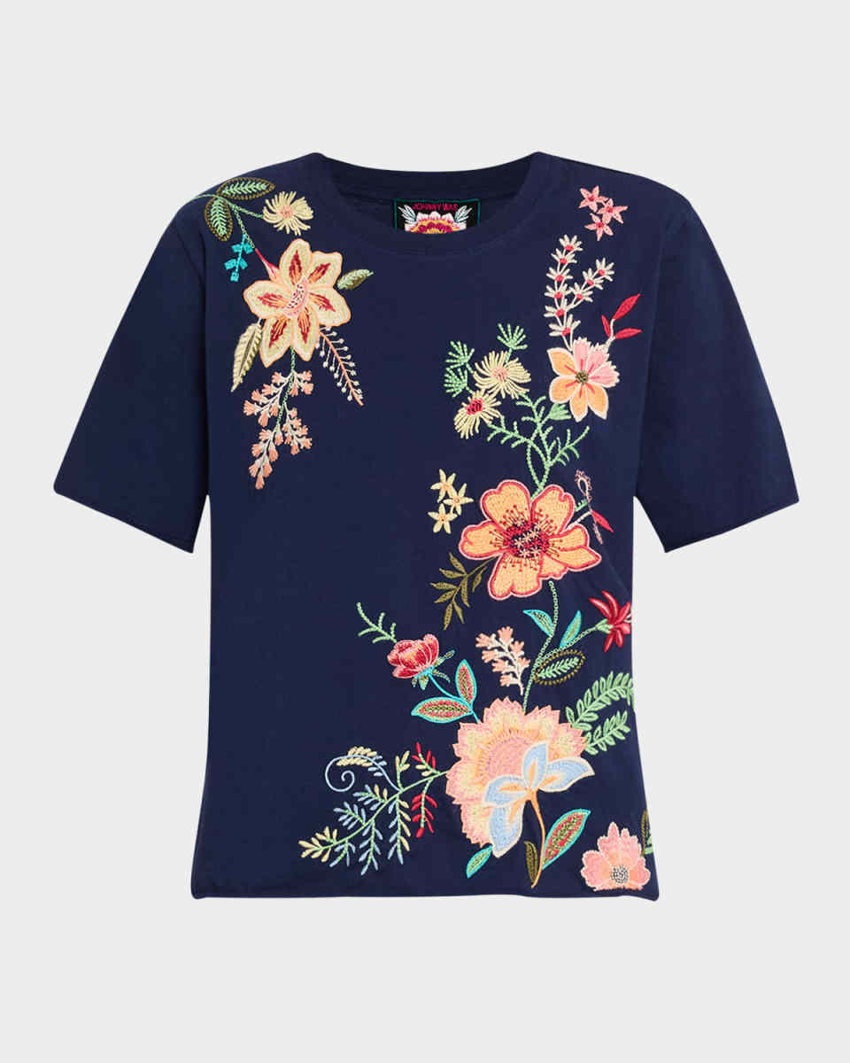 Floral-Embroidered Cotton T-Shirt